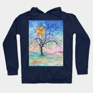 Rainbow tree landscape painting with a golden moon Hoodie